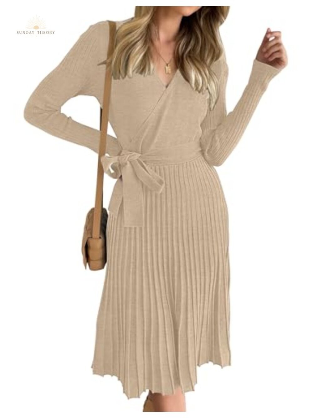 Women's Long Sleeve Wrap Midi Sweater Dress Belted V-Neck